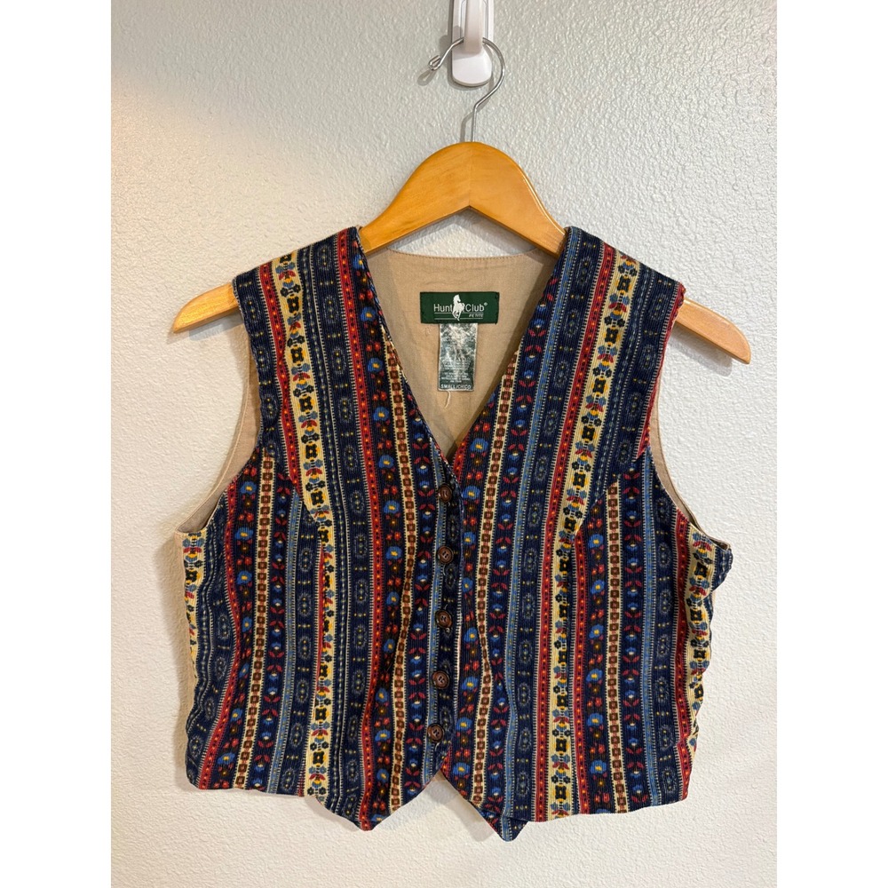 Hunt Club Vest Women Small Petite Corduroy Floral Stripe Tapestry Button Front